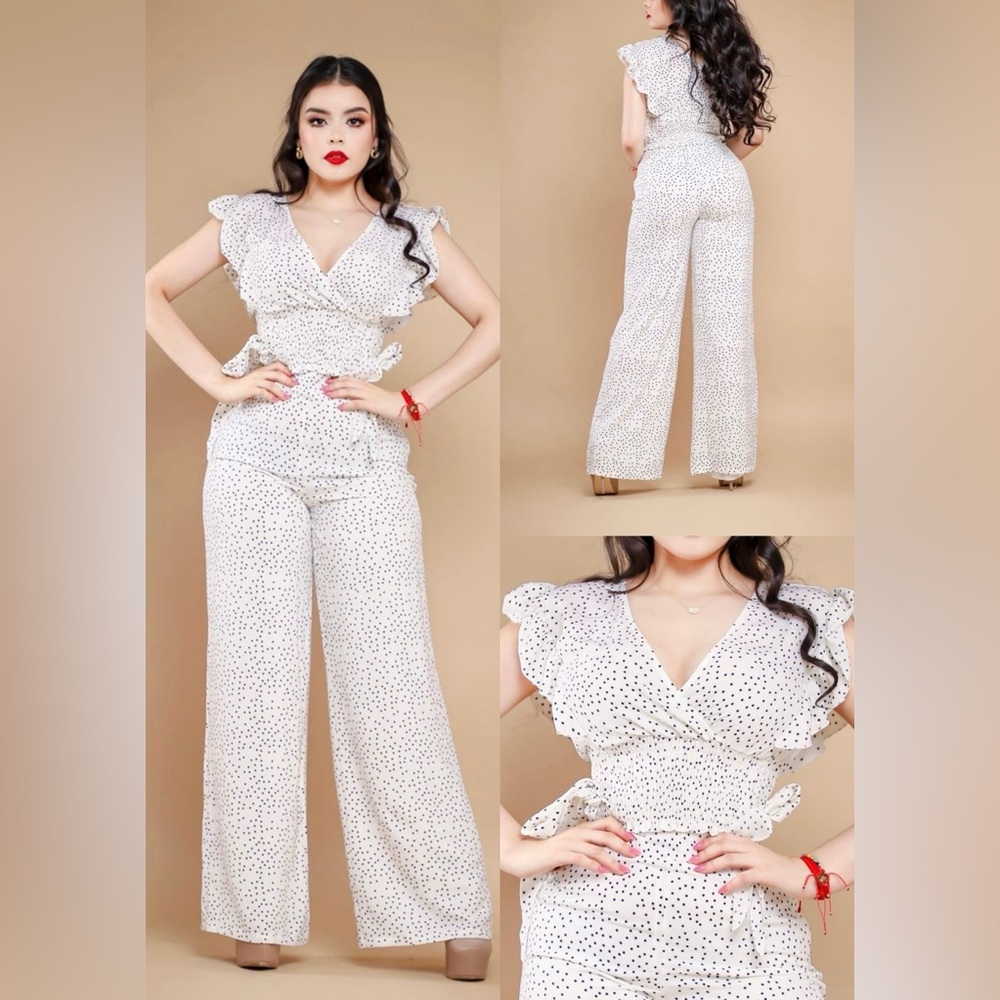 Polka Dot White Wide-Leg Jumpsuit with Ruffle Sleeves